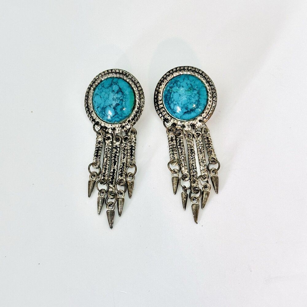 Vintage 90’s Silver Turquoise Chandelier Dangle Earrings Western Southwestern - Picture 3 of 6